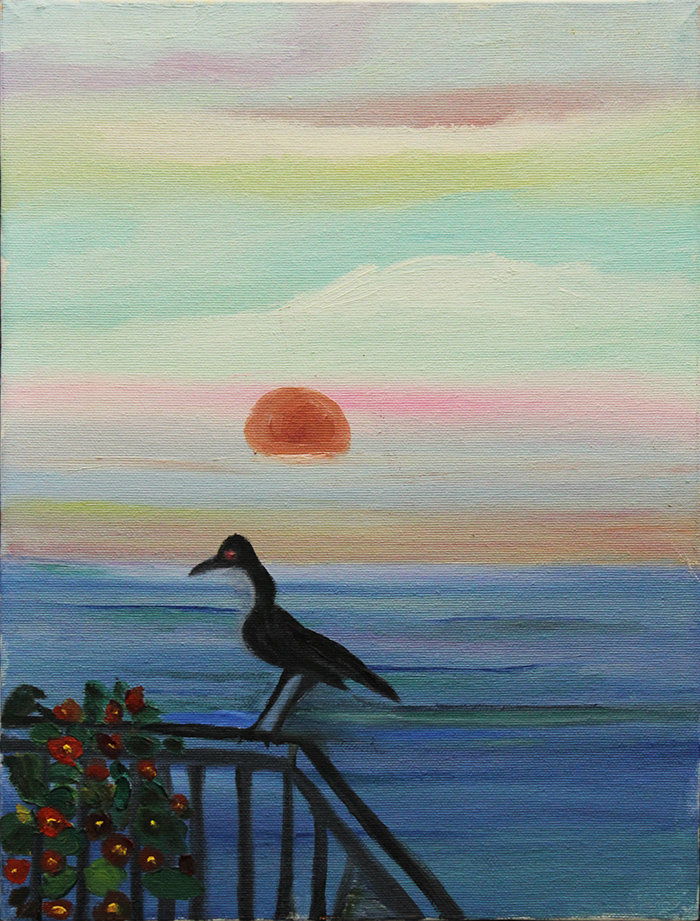 R. SEMINARA, "Corvo sul terrazzo fiorito al tramonto sul mare", 1984