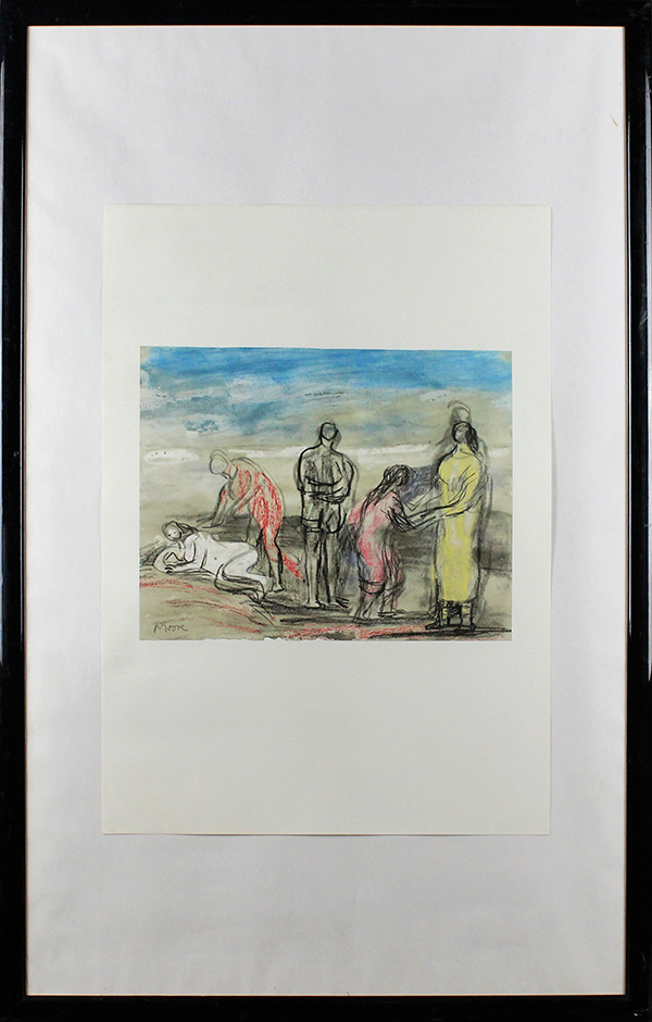 HENRY MOORE, "One reclining and four stending figures", 1982