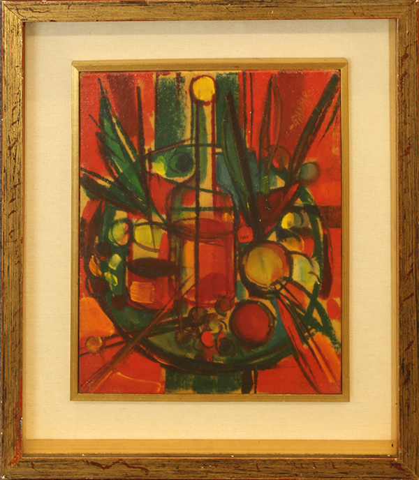 GIANBAR, "Natura morta con bottiglia e frutta", 1973