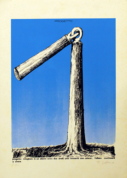 NOBO SEKINE, "Progetto: intagliare in un albero (vivo) due anelli uniti formariti una catena, l'albero continuerà a vivere", anni 80